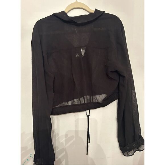 Free People NEW Michelle Long Sleeve Cropped Sheer Black Top size large - Picture 6 of 8